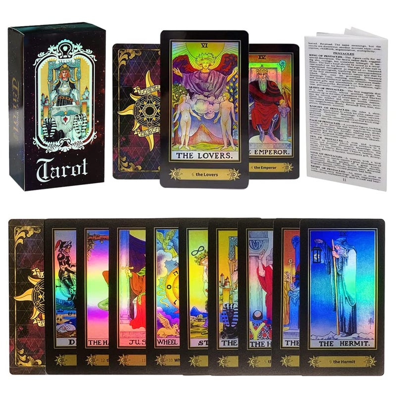 VOVOH Tarot Cards Deck, 78 Holographic Classic Tarot Cards with Surface Laser with English Edition Guidebook for Beginners - Image 1