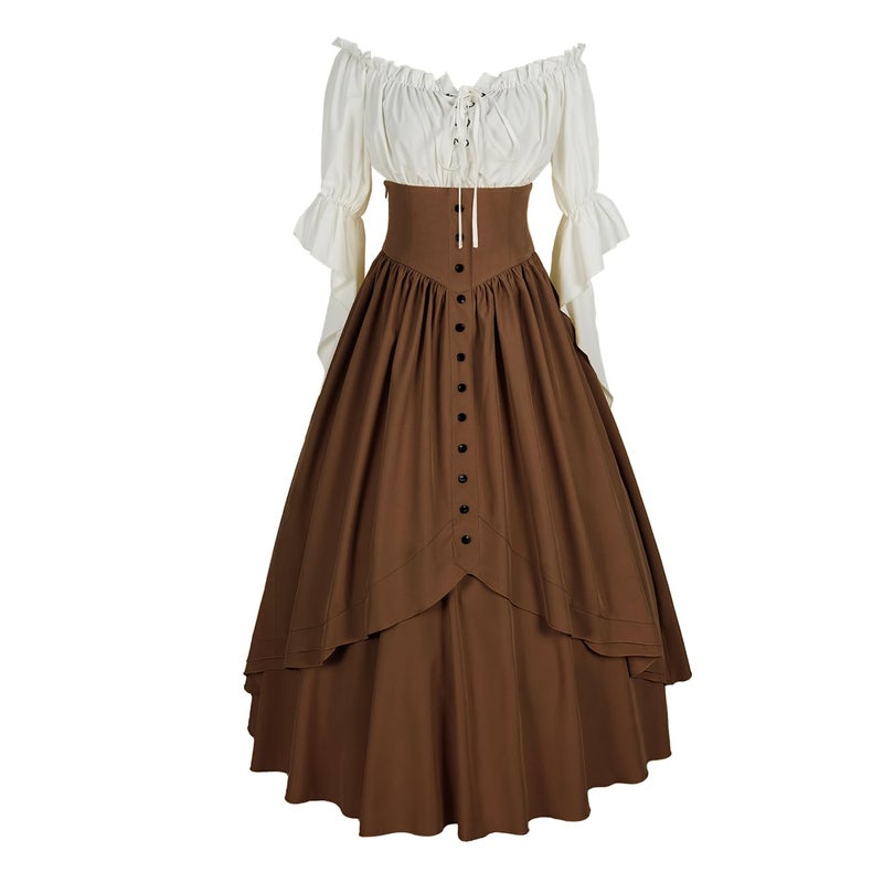 Mingyuezai Women Renaissance Costume Medieval Victorian High Waisted Button Skirt Set(L,Z2880BNST) - Image 3