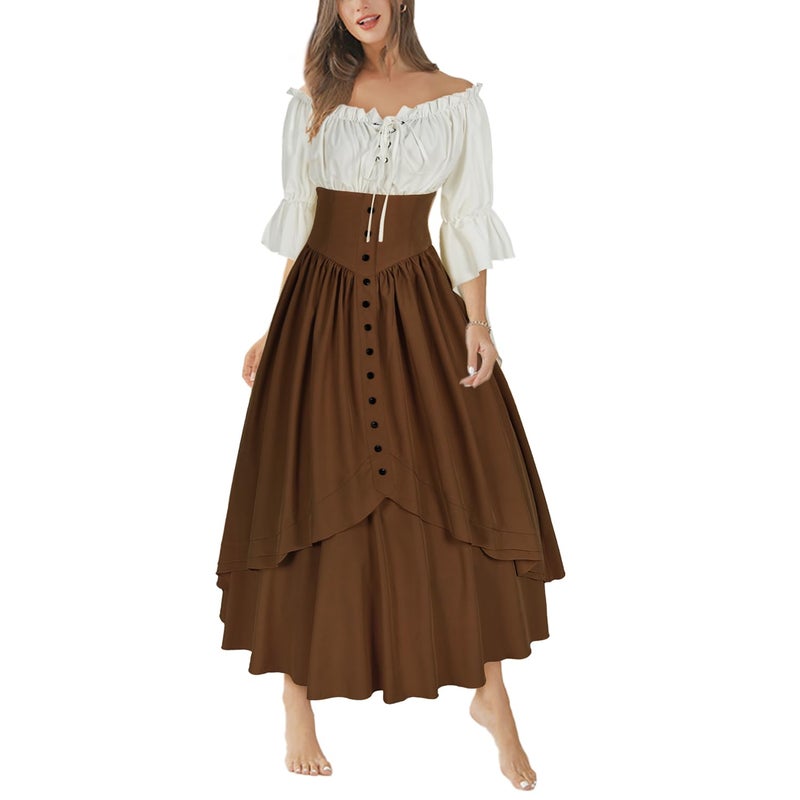 Mingyuezai Women Renaissance Costume Medieval Victorian High Waisted Button Skirt Set(L,Z2880BNST) - Image 1
