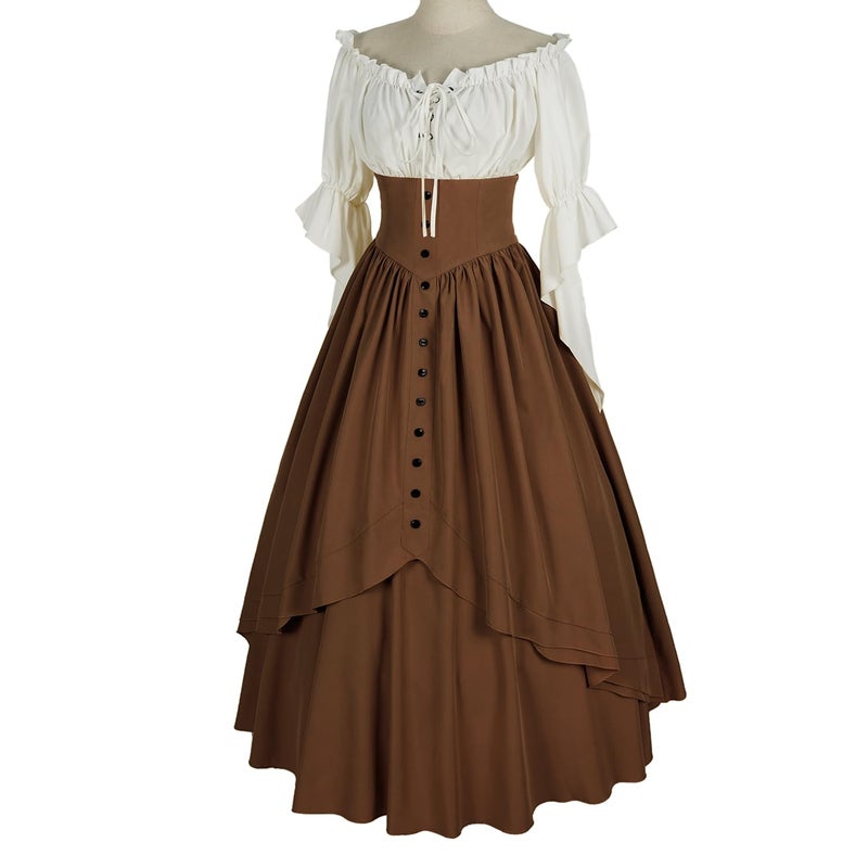 Mingyuezai Women Renaissance Costume Medieval Victorian High Waisted Button Skirt Set(L,Z2880BNST) - Image 4