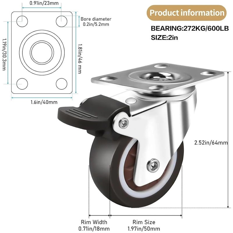 Universal Swivel Heavy Duty Furniture Casters 4Pcs 2 Inch Silent Trolley Wheels - Image 3