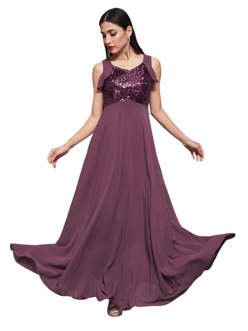 Miss Chase Women's Sweet-Heart Neck Sleeveless Embellished Fit & Flare Maxi Dress (MCAW22D99-88-735-04, Deep Mauve, M) - Image 1