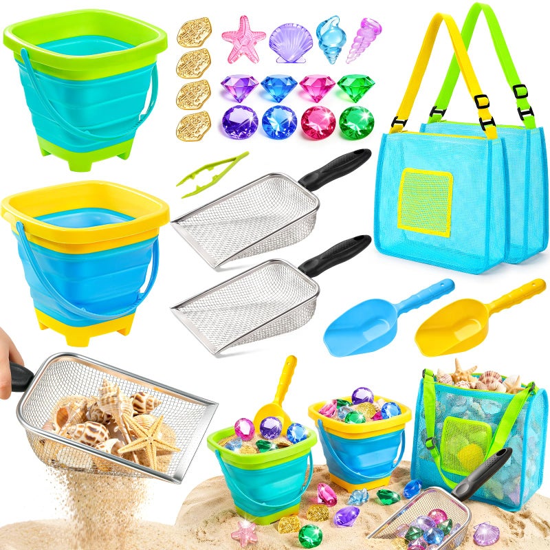 DISHIO Beach Toys for Kids 25 Pcs Metal Sand Sifter Collapsible Beach Buckets Set Stainless Steel Sand Shovel Sandcastle Building Kit with Mesh Bag Travel Sand Toys for Toddlers Age 310 - Image 3
