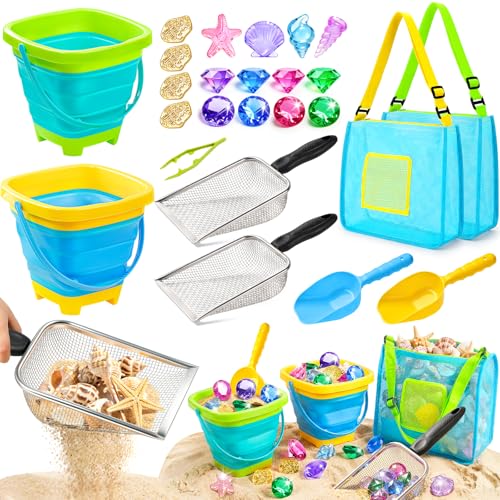 DISHIO Beach Toys for Kids 25 Pcs Metal Sand Sifter Collapsible Beach Buckets Set Stainless Steel Sand Shovel Sandcastle Building Kit with Mesh Bag Travel Sand Toys for Toddlers Age 310 - Image 1