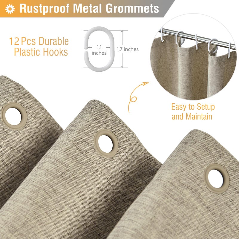 BTTN Fabric Shower Curtain - Linen Textured Weighted Cloth Shower Curtain Set with 12 Plastic Hooks, Hotel Spa Luxury Neutral Decorative Bath Curtains for Bathroom, Machine Washable - 72x72, Khaki/Tan - Image 3
