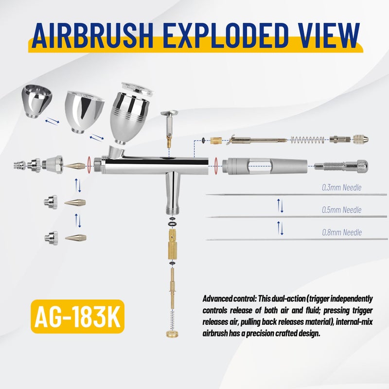 Fengda Airbrush FE-183K Precision Dual Action Airbrush Set for Gravity Feed with 3 Cup Sizes and 3 Nozzles (0.3, 0.5 and 0.8mm) - Image 3
