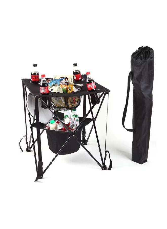 RH Portable double layer ice pack table , suitable for freezing milkshakes, juice, ice cream folding camping table with food basket and bag and 4 cup holder - Image 1
