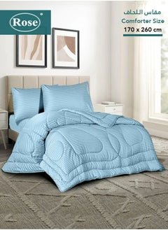 Rose ROSE Striped Luxury Hotel Comforter, Premium Microfiber, Set of 4 pieces, Soft Lightweight, Extra Twin size 260x170 cm, Classic Blue  - Image 1