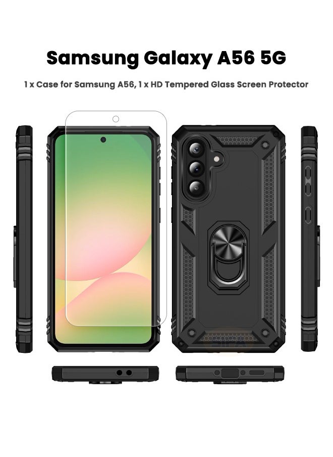 RUGGED SHIELD Samsung Galaxy A56 Case with HD Screen Protector, Built-in 360° Rotate Magnetic Ring Kickstand, Heavy Duty Shockproof Drop Proof Case Cover for Samsung Galaxy A56 5G 6.7 inch (Black, 1+1 Pack)  - Image 2