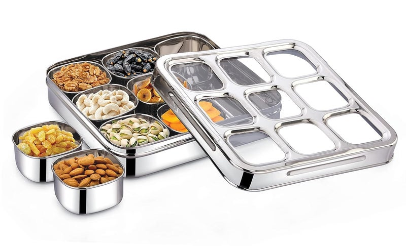 VISAXMI Stainless Steel Masala Box for kitchen Airtight Masala Dabba with 9 Square Bowl Transparent Lid Square Spice Organiser for Kitchen Storage Spice Box for kitchen Masala Dani Steel - Image 1