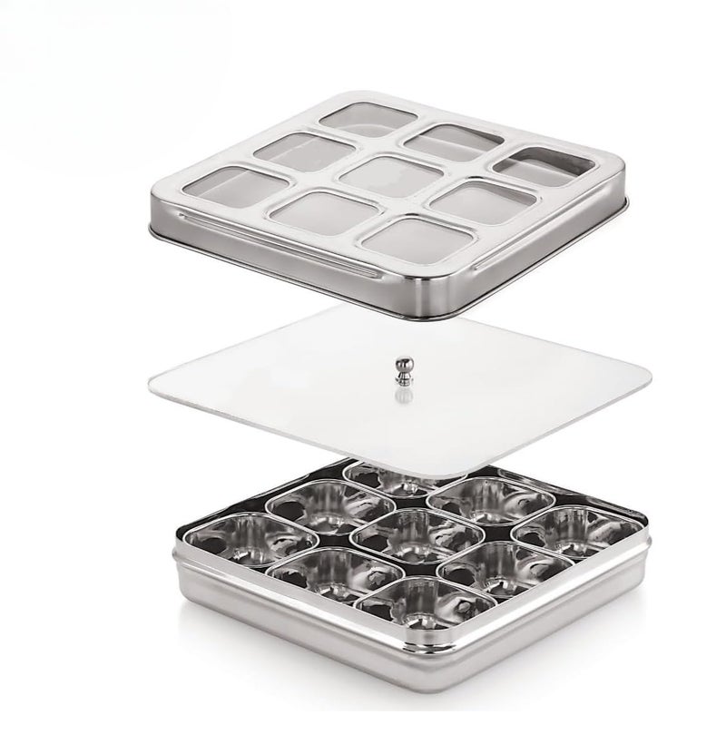 VISAXMI Stainless Steel Masala Box for kitchen Airtight Masala Dabba with 9 Square Bowl Transparent Lid Square Spice Organiser for Kitchen Storage Spice Box for kitchen Masala Dani Steel - Image 4