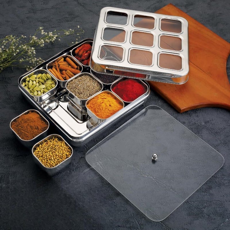VISAXMI Stainless Steel Masala Box for kitchen Airtight Masala Dabba with 9 Square Bowl Transparent Lid Square Spice Organiser for Kitchen Storage Spice Box for kitchen Masala Dani Steel - Image 3