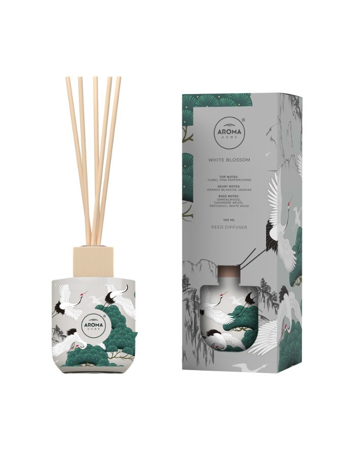 Aroma Home White Blossom Reed Diffuser, 100 ml, Sandalwood and Jasmine Fragrance with Decorative Crane Design, Made In Poland