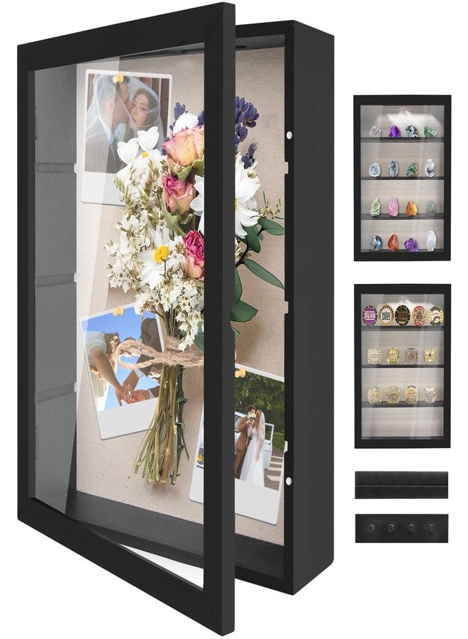 صندوق عرض YEPOTUE Shadow Box مقاس 11x14، إطار صور صندوق الظل العميق مع ظهر من الكتان وأرفف قابلة للإزالة، صندوق ذكريات خشبي لباقة الزفاف والصور والميداليات والتذكارات (أسود) - Image 1
