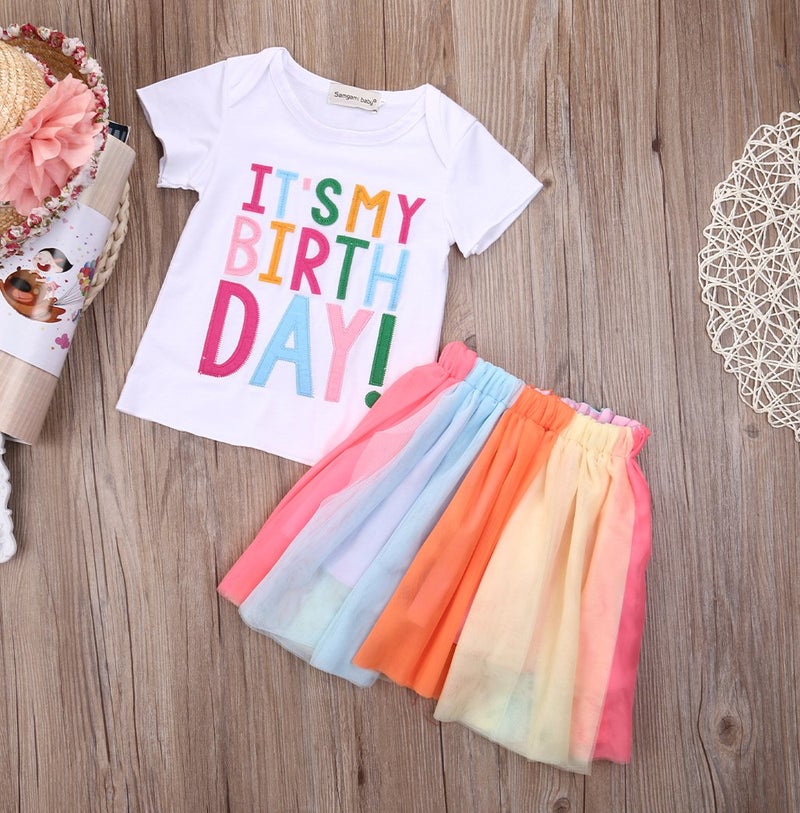 SAYOO Girls'It's My Birthday Print Shirt Tutu Skirt Dress Outfit Set (White+Pink a, 5-6 Years) - Image 2