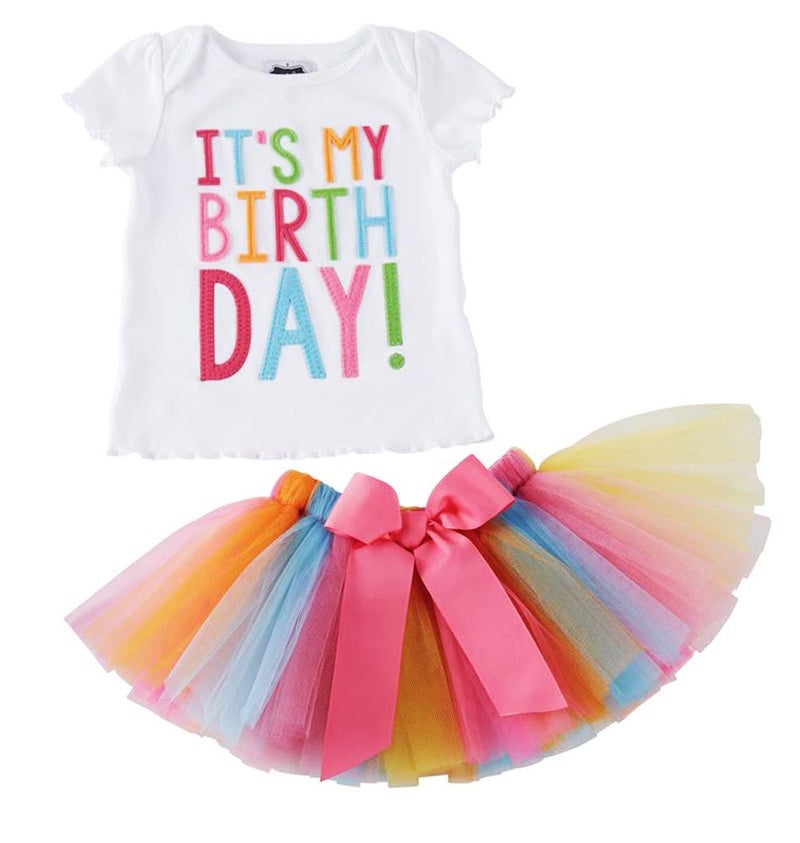 SAYOO Girls'It's My Birthday Print Shirt Tutu Skirt Dress Outfit Set (White+Pink a, 5-6 Years) - Image 1