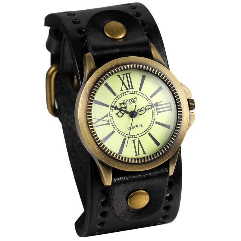 JewelryWe Vintage Leather Strap Wide Band Wristwatch Cuff Quartz Watch for Men Black - Image 1