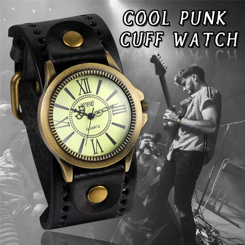 JewelryWe Vintage Leather Strap Wide Band Wristwatch Cuff Quartz Watch for Men Black - Image 3