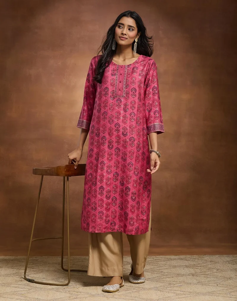 Fuchsia Viscose Silk Hand Block Printed Knee Length Kurta