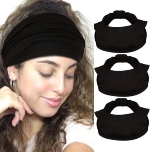 Seeotwo 3 Pack Wide Knotted Headbands For Women Men Girls Soft Elastic Non Slip Bohemian Unisex Chic Microfiber Hair Bands Gym Head Wraps African Boho Turban Bandana (Black) - Image 1