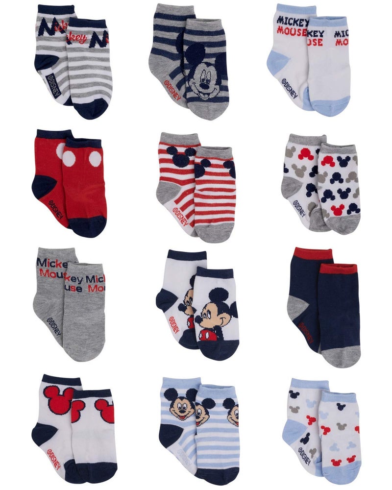 Disney Baby Boys Socks - 12 Pack Soft Newborn Baby Socks Character Prints - Cute Newborn and Infant Socks (0-24M), Size 12-24 Months, Mickey Mouse White/Blue - Image 1