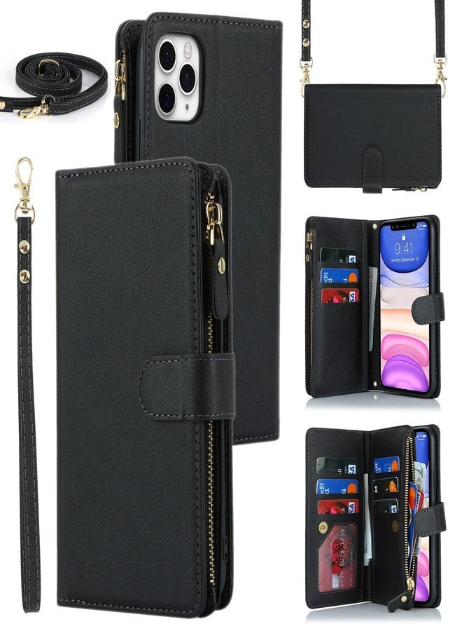 iCoverCase Compatible with iPhone 11 Pro Max Wallet Case with Card Holder, Crossbody with Wrist Strap, PU Leather Not Detachable Flip Cover Case 6.5 Inch (Black) - Image 1