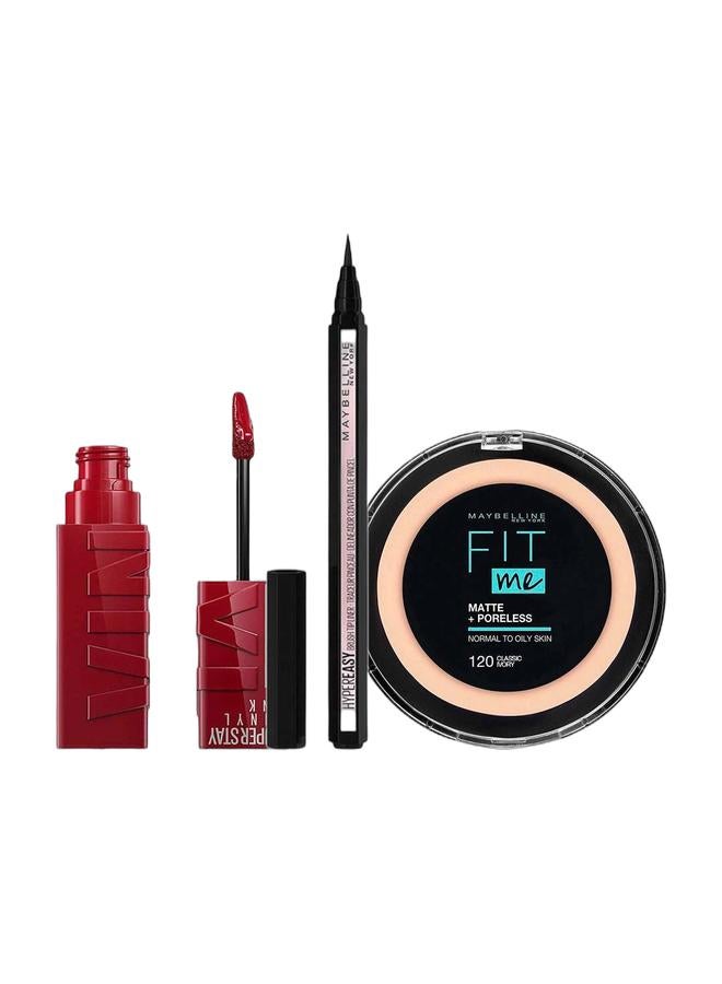 Maybelline New York Hyper Easy Liquid Eyeliner - 800 Knockout Black 800 Pitch Black & Fit Me Matte & Poreless Powder 120 Classic Ivory & Super Stay Vinyl Ink Longwear Transfer Proof Liquid Matte Lipstick 10 Lippy Bundle - Image 1