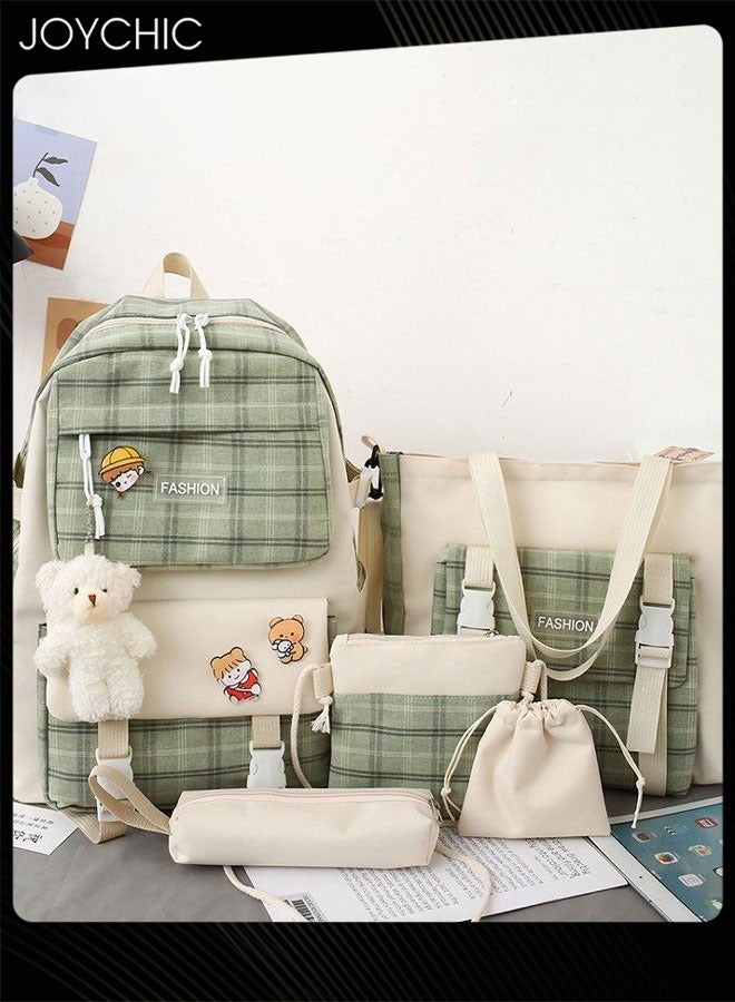 Joychic 5 قطع حقيبة ظهر مدرسية جميلة بتصميم مربعات مع دبوس وقلادة دب بسعة كبيرة حقيبة مدرسية للطلاب مع حقيبة كتف وحافظة أقلام - Image 1