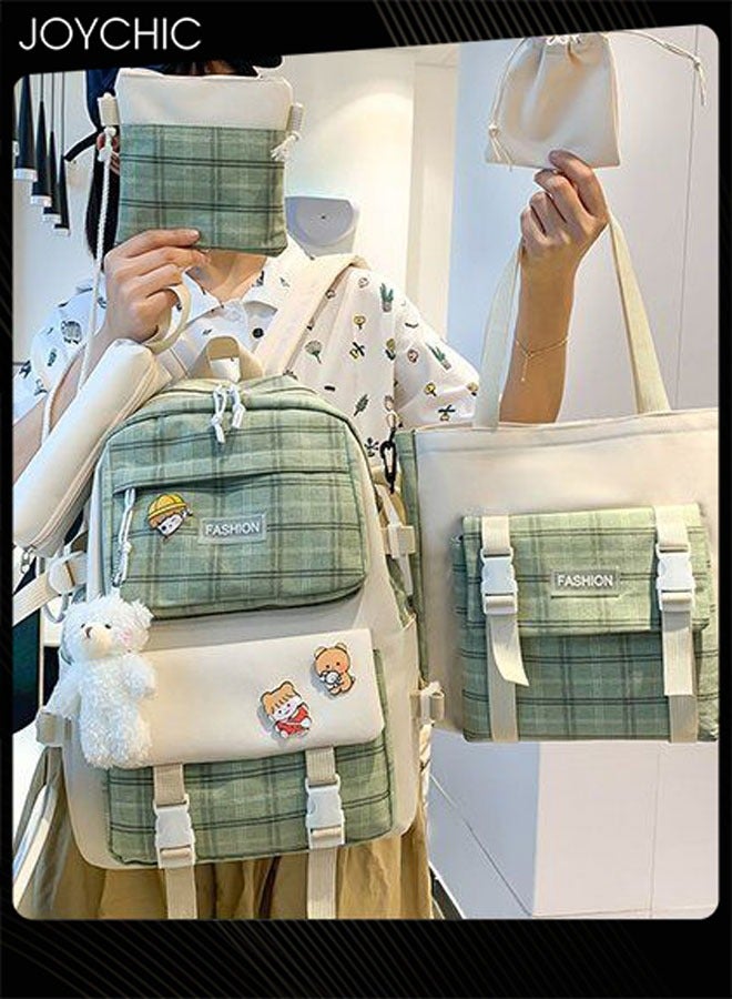 Joychic 5 قطع حقيبة ظهر مدرسية جميلة بتصميم مربعات مع دبوس وقلادة دب بسعة كبيرة حقيبة مدرسية للطلاب مع حقيبة كتف وحافظة أقلام - Image 2