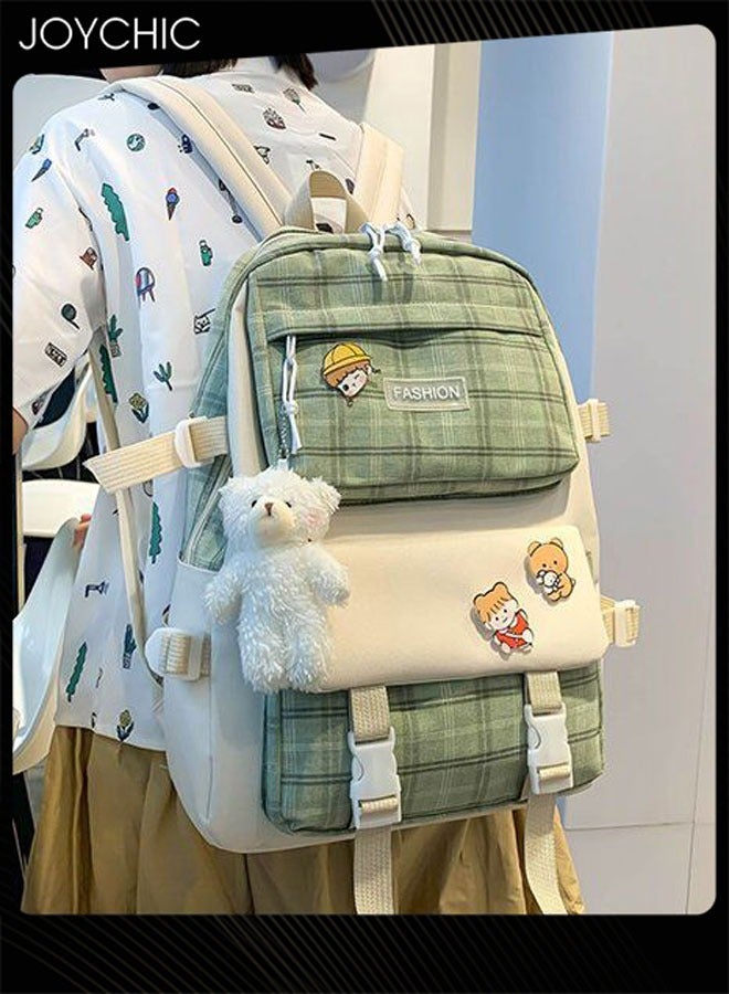 Joychic 5 قطع حقيبة ظهر مدرسية جميلة بتصميم مربعات مع دبوس وقلادة دب بسعة كبيرة حقيبة مدرسية للطلاب مع حقيبة كتف وحافظة أقلام - Image 3