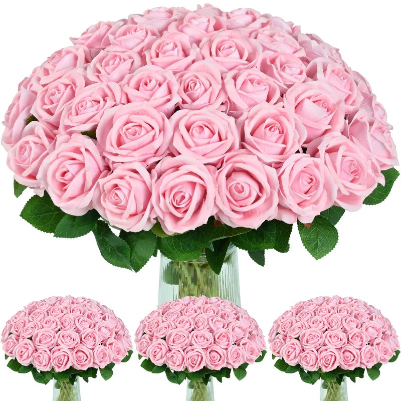 BLEUM CADE 100 Pcs Pink Roses Artificial Flowers Real Touch Velvet Roses Bouquet Fake Flowers Bulk Artificial Roses with Long Stems for Birthday Gift Women Mom DIY Bridal Wedding Centerpiece Decorations - Image 2