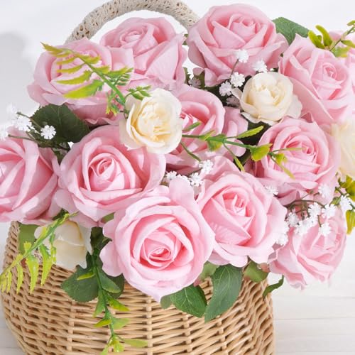 BLEUM CADE 100 Pcs Pink Roses Artificial Flowers Real Touch Velvet Roses Bouquet Fake Flowers Bulk Artificial Roses with Long Stems for Birthday Gift Women Mom DIY Bridal Wedding Centerpiece Decorations - Image 3