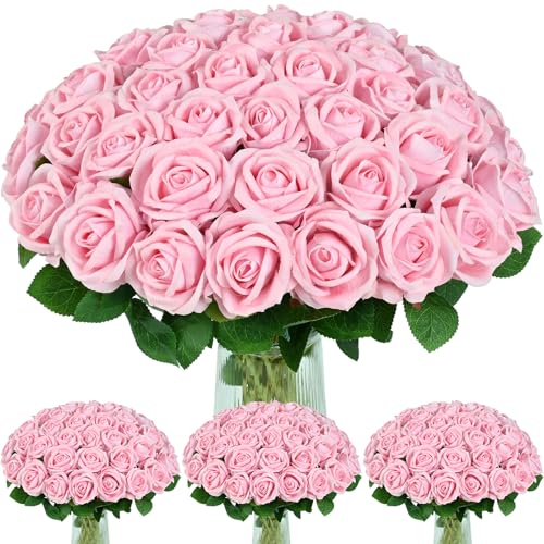BLEUM CADE 100 Pcs Pink Roses Artificial Flowers Real Touch Velvet Roses Bouquet Fake Flowers Bulk Artificial Roses with Long Stems for Birthday Gift Women Mom DIY Bridal Wedding Centerpiece Decorations - Image 1