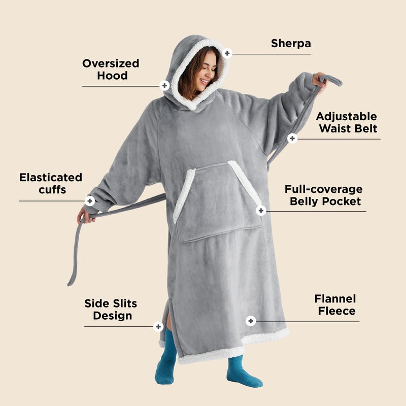 Bedsure Bedsure Wearable Blanket Hoodie Women - Long Sherpa Fleece Hooded Blanket for Teens Adult  Warm Cozy Blanket Sweatshirt with Giant Pocket and Belt  Winter Gifts for Girls  Small  Grey  - Image 2