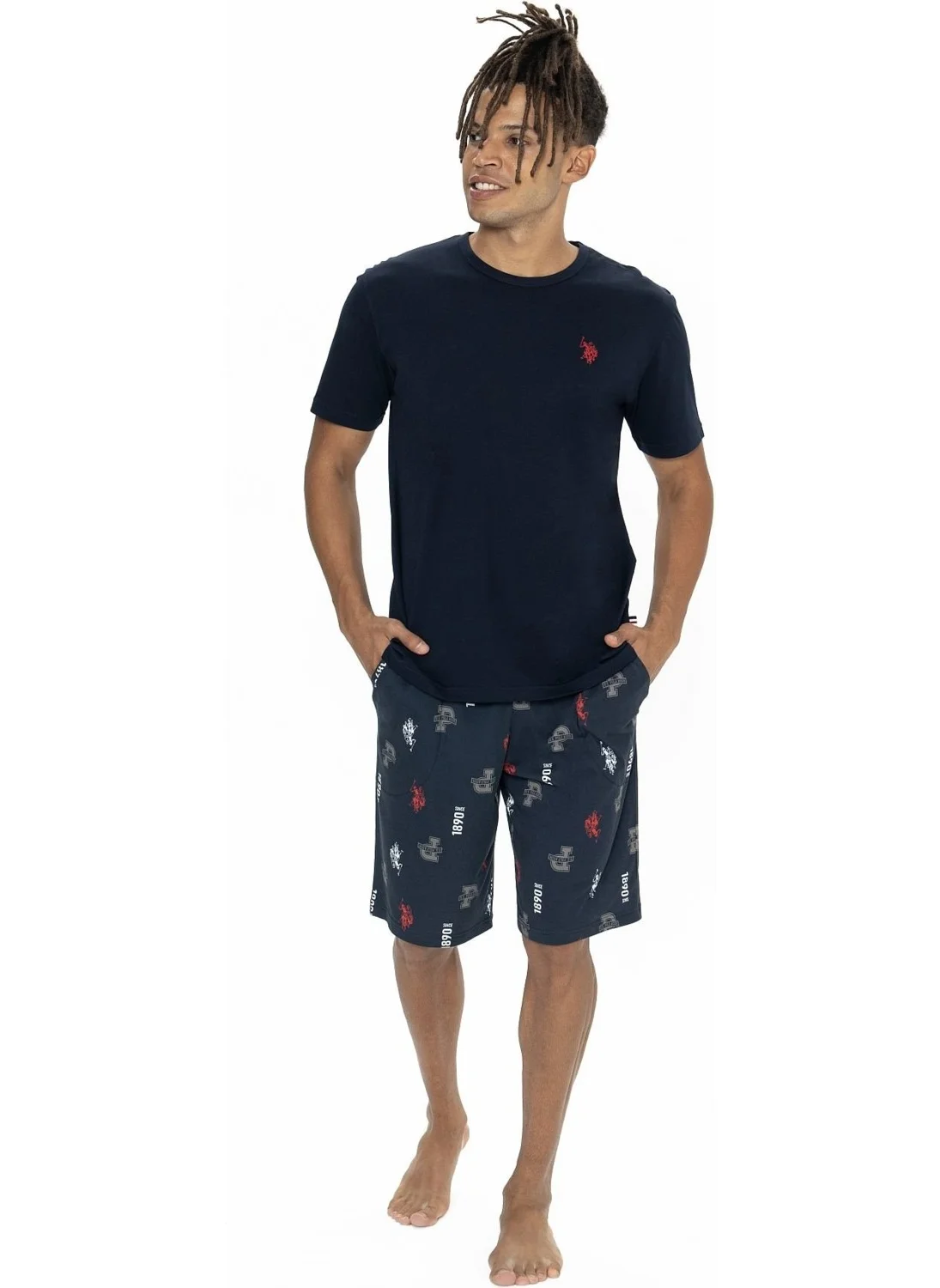 يو اس بولو اسن 18867 Men's Short Sleeve Crew Neck Pajama Set with Shorts-Navy Blue