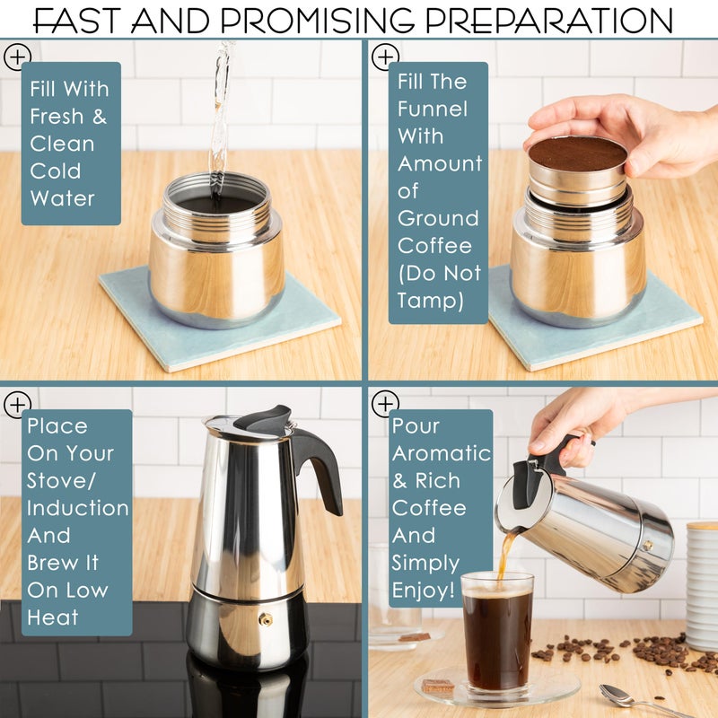 Mixpresso ماكينة إسبرسو موكا بقدرة 9 أكواب من ميكسبرسو 450 مل/15 أونصة، وعاء موكا بتصميم ماكينة تحضير القهوة، ماكينة قهوة من الفولاذ المقاوم للصدأ للاستخدام في المخيمات أو المنزل، ماكينة قهوة إيطالية على الموقد - Image 4