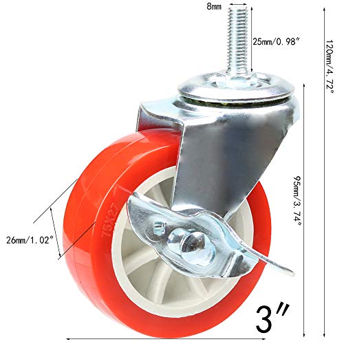 YEEMIGO 3 Inch Swivel Caster Wheels with Brake Set of 4, YEEMIGO Metric Size M8×25mm Threaded Stem Castors, Casters Heavy Duty-Total Capacity 450lbs, Replacement for Cart Furniture Workbench and Trolley - Image 2