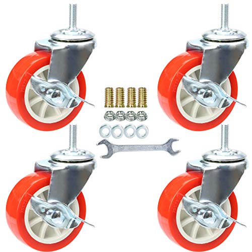 YEEMIGO 3 Inch Swivel Caster Wheels with Brake Set of 4, YEEMIGO Metric Size M8×25mm Threaded Stem Castors, Casters Heavy Duty-Total Capacity 450lbs, Replacement for Cart Furniture Workbench and Trolley - Image 1