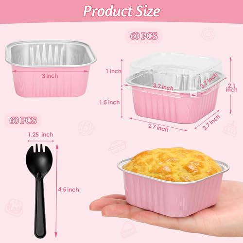 selizo 60 Pack 5oz Mini Disposable Cake Pans with Lids, Aluminum Foil Square Baking Cups, 3.5x3.5 Small Baking Cake Tins Cup Cake Containers with Lids for Individual Cakes - Image 3