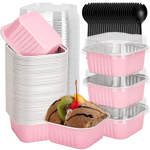selizo 60 Pack 5oz Mini Disposable Cake Pans with Lids, Aluminum Foil Square Baking Cups, 3.5x3.5 Small Baking Cake Tins Cup Cake Containers with Lids for Individual Cakes - Image 1