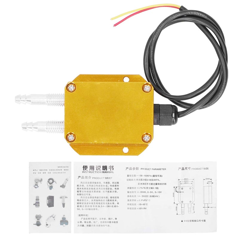 Wind Pressure Transmitter, Micro Differential Pressure Sensor DC24V 4-20mA Output, 0.2% FS with Aluminum Alloy Housing for Clean Rooms HVAC Boilers (0-100kpa) - Image 1
