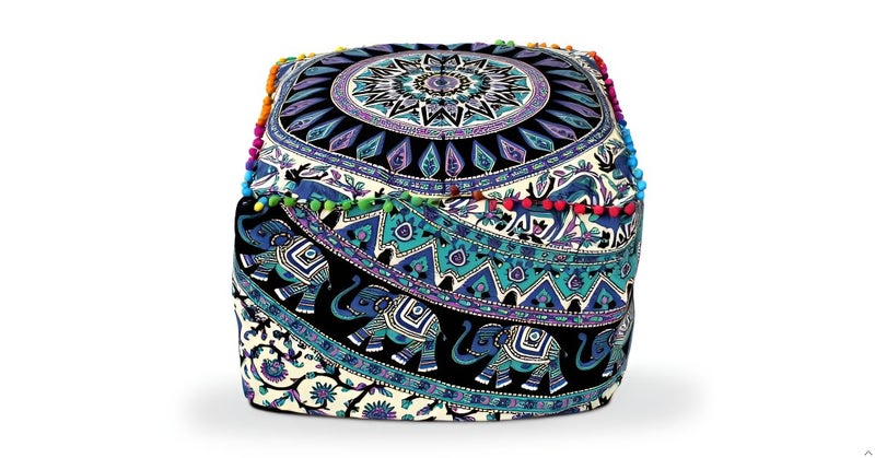 CRAFT KALA Indian Square Patchwork Traditional Pouf Cover Indian Living Room Poufs Cover Decorative Designer Ottoman Home Living Footstool Chair Ottoman Decor 16X16X14 inch Green Deer Elephant - Image 2