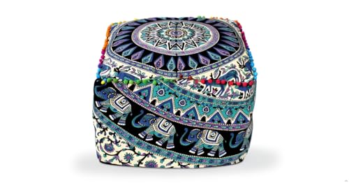 CRAFT KALA Indian Square Patchwork Traditional Pouf Cover Indian Living Room Poufs Cover Decorative Designer Ottoman Home Living Footstool Chair Ottoman Decor 16X16X14 inch Green Deer Elephant - Image 1