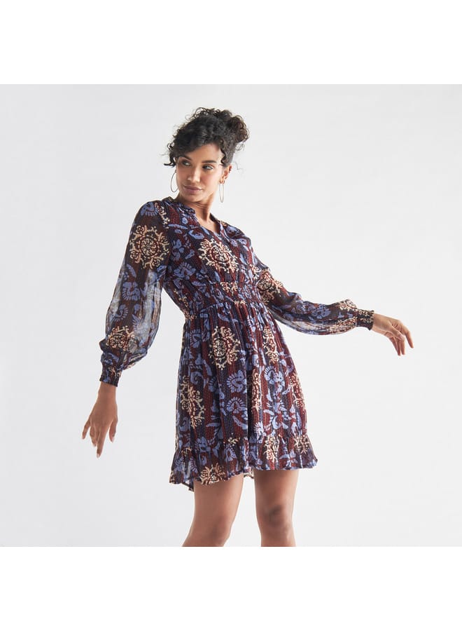 Splash FAV All-Over Print Mandarin Collar Dress with Long Sleeves  - Image 1