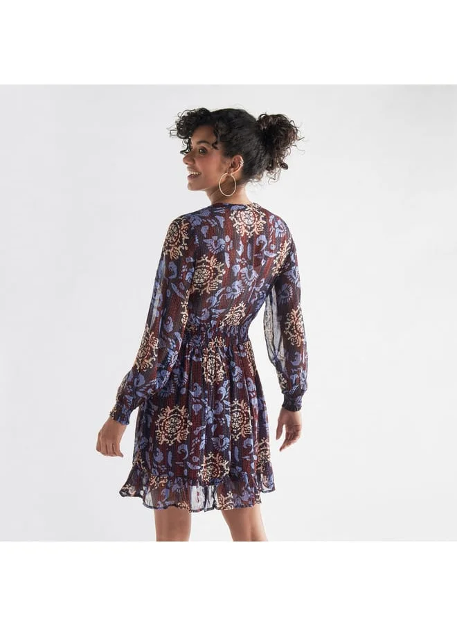 Splash FAV All-Over Print Mandarin Collar Dress with Long Sleeves