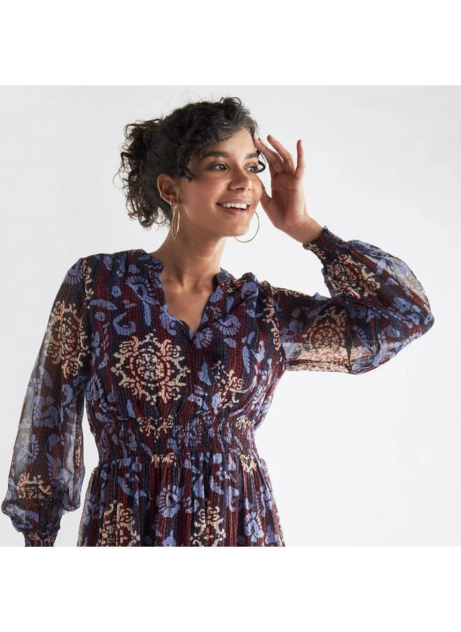 Splash FAV All-Over Print Mandarin Collar Dress with Long Sleeves