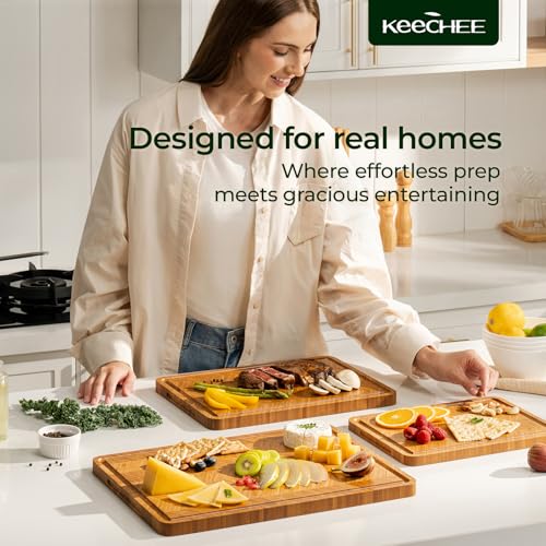 Keechee Bamboo Cutting Board Reversible Wood Cutting Boards for Kitchen with Juice Grooves Atelier Collection Handcrafted Large Serving Tray Luxury Housewarming Wedding Gifts for New Home - Image 3