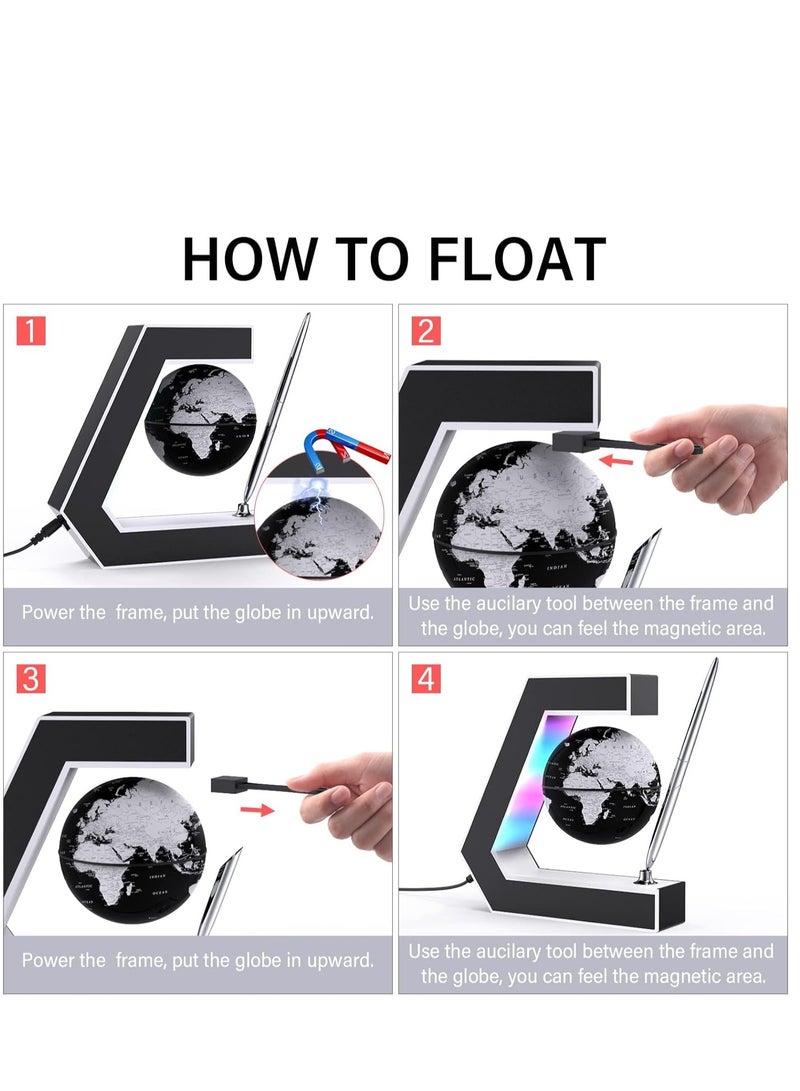 KASTWAVE كرة عائمة مع أضواء LED، كرة عائمة بتقنية التعليق المغناطيسي مع قلم، محمولة للكتابة على مكتب المكتب، خريطة العالم لتزيين المكتب، باللون الأسود - Image 2