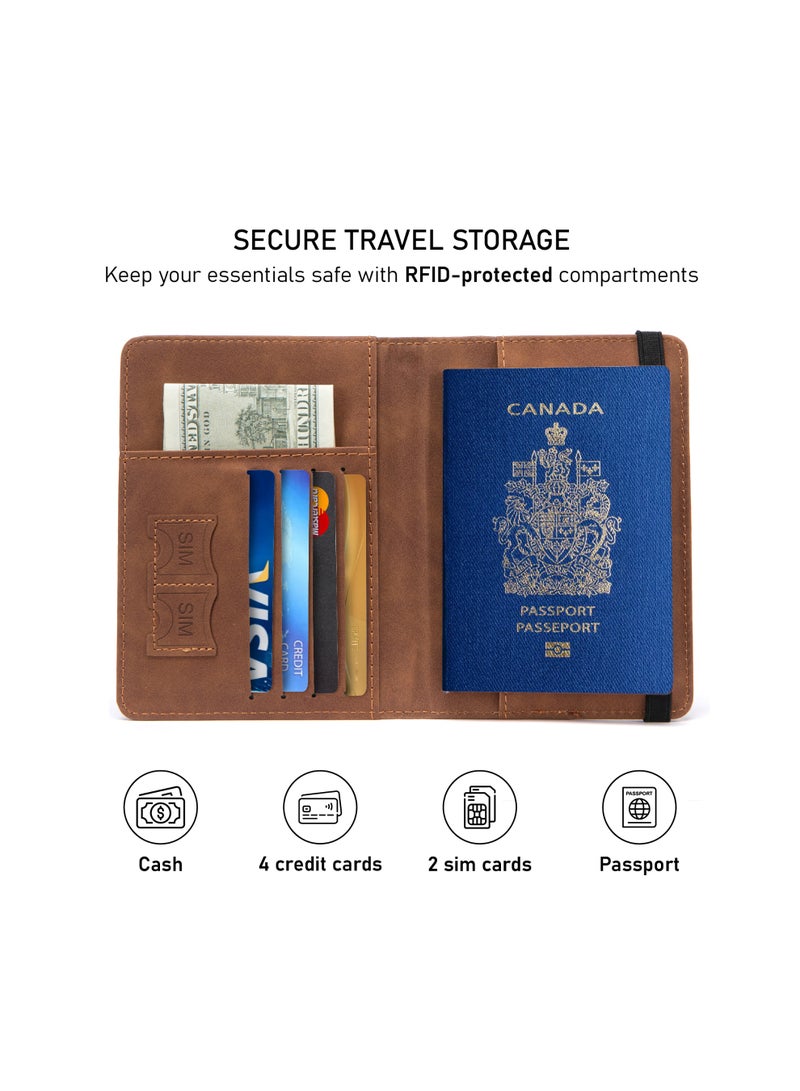 TOM CRUISER RFID Passport Holder, Slim PU Travel Wallet with Passport Pocket, 4 Card Slots, 2 SIM Slots, Cash & Boarding Pass Storage, Elastic Closure, Brown - Image 3