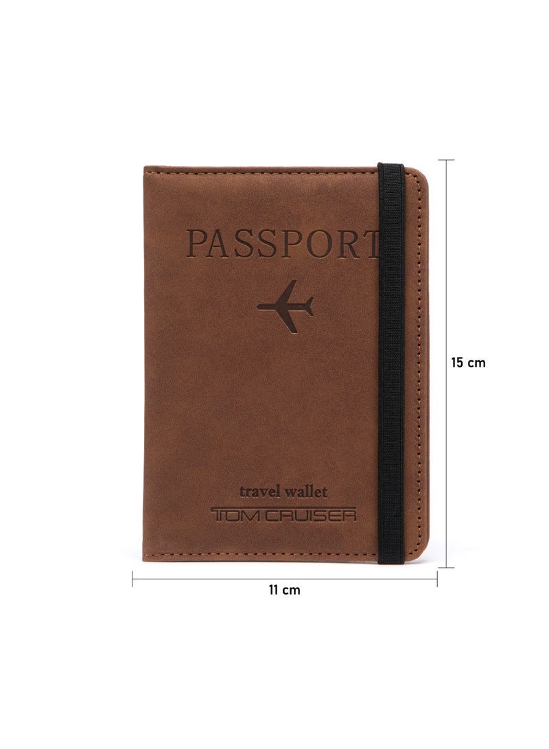 TOM CRUISER RFID Passport Holder, Slim PU Travel Wallet with Passport Pocket, 4 Card Slots, 2 SIM Slots, Cash & Boarding Pass Storage, Elastic Closure, Brown - Image 4